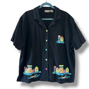 Vintage Jane Ashley Black Painted Beaded Button Up Shirt Women’s Plus Size 2X